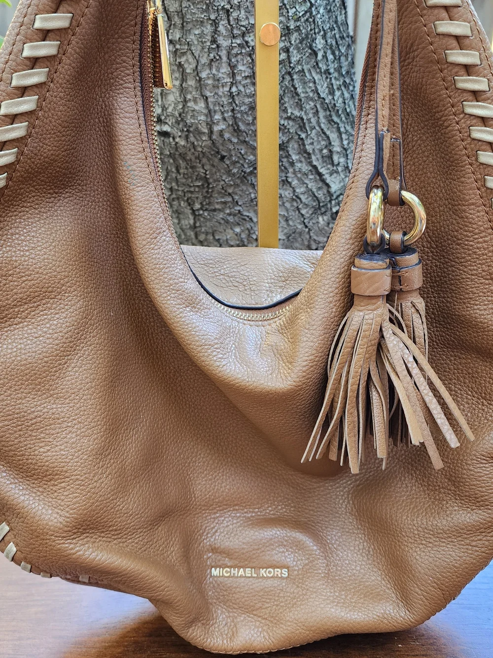 Michael Kors Lauryn Large Brown Leather Shoulder Bag Hobo Whipstitch Tassel
